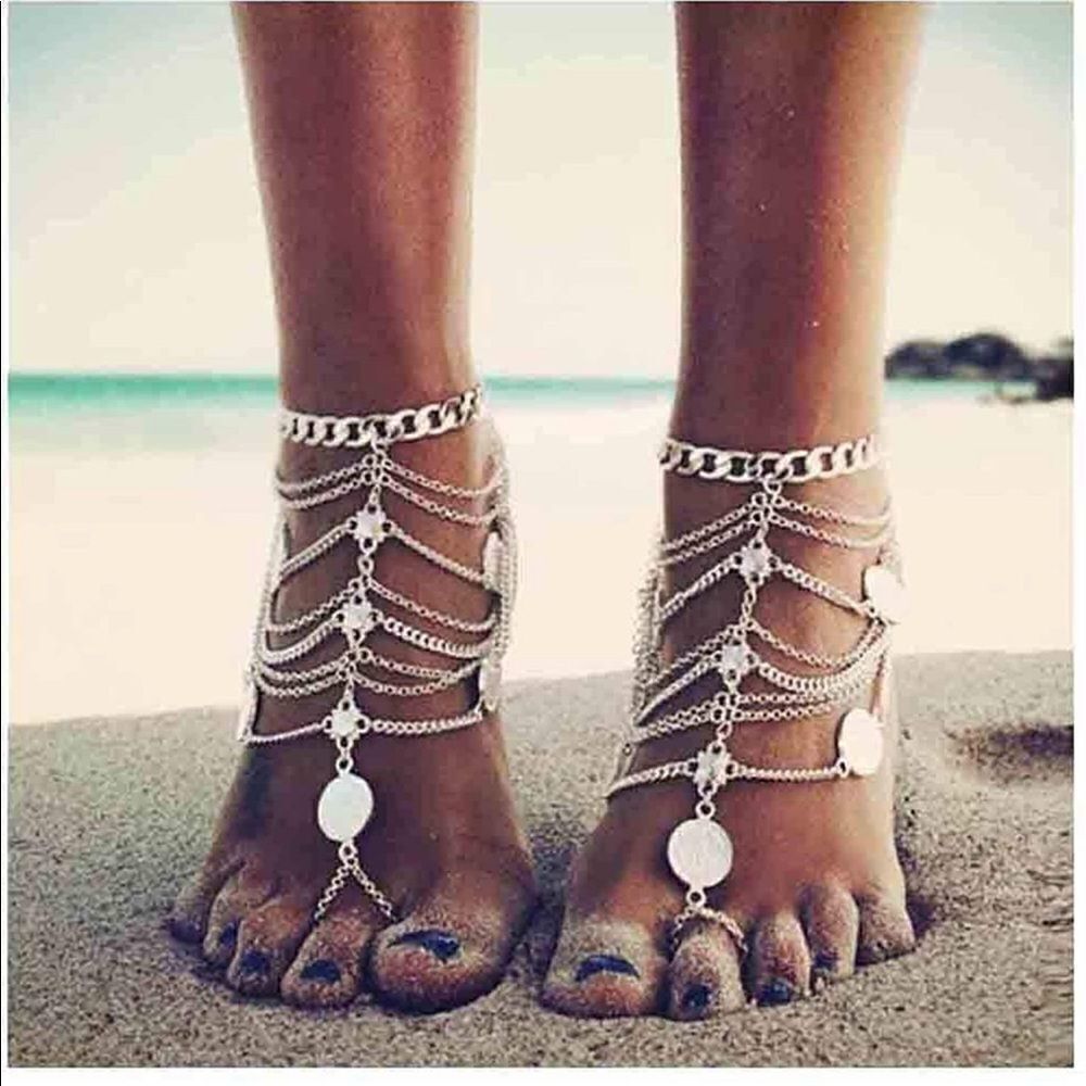 Silver Multilayered Adjustable Boho Coin Anklet Foot Chains - Set of 2